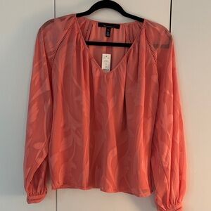 WHBM Coral Sheer V-Neck Long Sleeve Blouse Size XSmall